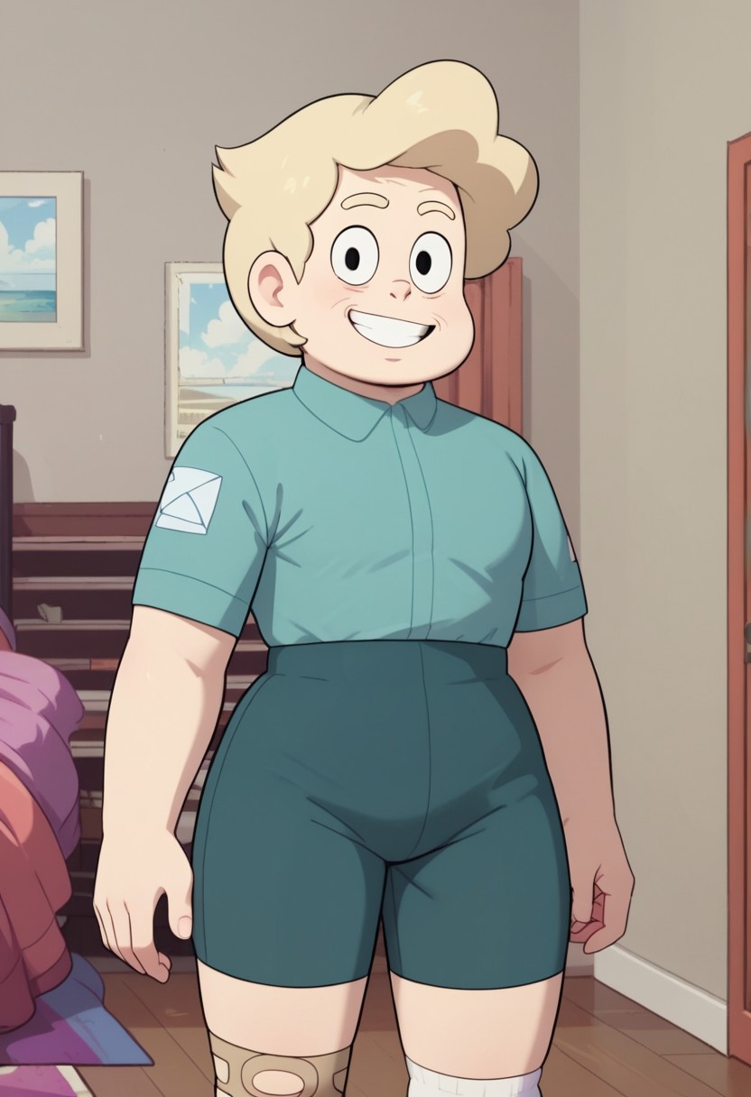 ((bedroom background)),score_9, score_8_up, score_7_up,score_6_up, 
1girl, Solo, BarbMiller_SU, light skin, big eyes, black eyes, pale blonde hair, short hair, , pale mint blue short-sleeved shirt, grayish teal shorts, brown shoes, white socks, little wrinkles in face, tall stature, bandage on her leg, social smile, big eyes, sexy face, close-up, face photo, perfect eyes, perfect smile, looking at the viewer, big breasts