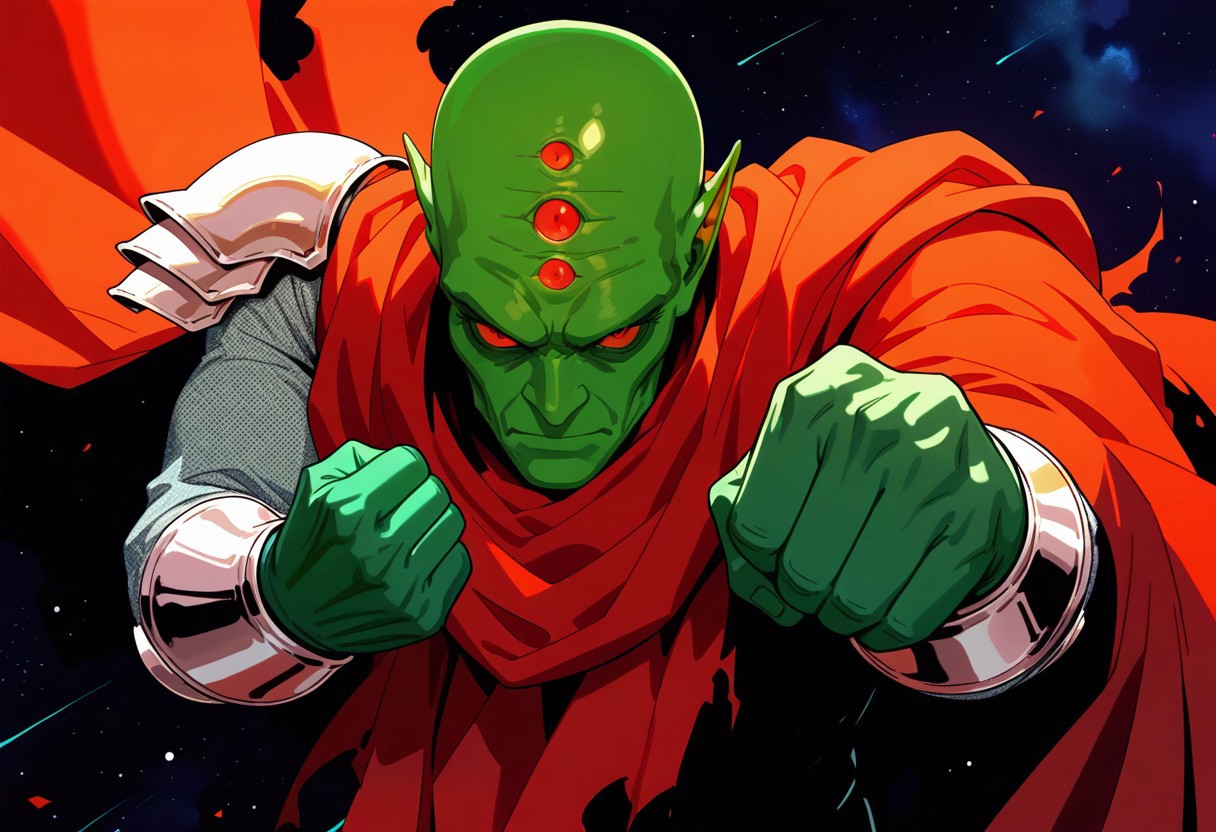 OverallDetail, masterpiece, best quality, amazing quality, very aesthetic, absurdres, newest, drvenoilxl, 1boy, red eyes, 3 forehead eyes, male focus, pointy ears, green skin, pauldron, vambraces, bald, scowl, serious, red cloak, (((old man))), solo, full body, simple background, looking at viewer, close up, raised fist, space background