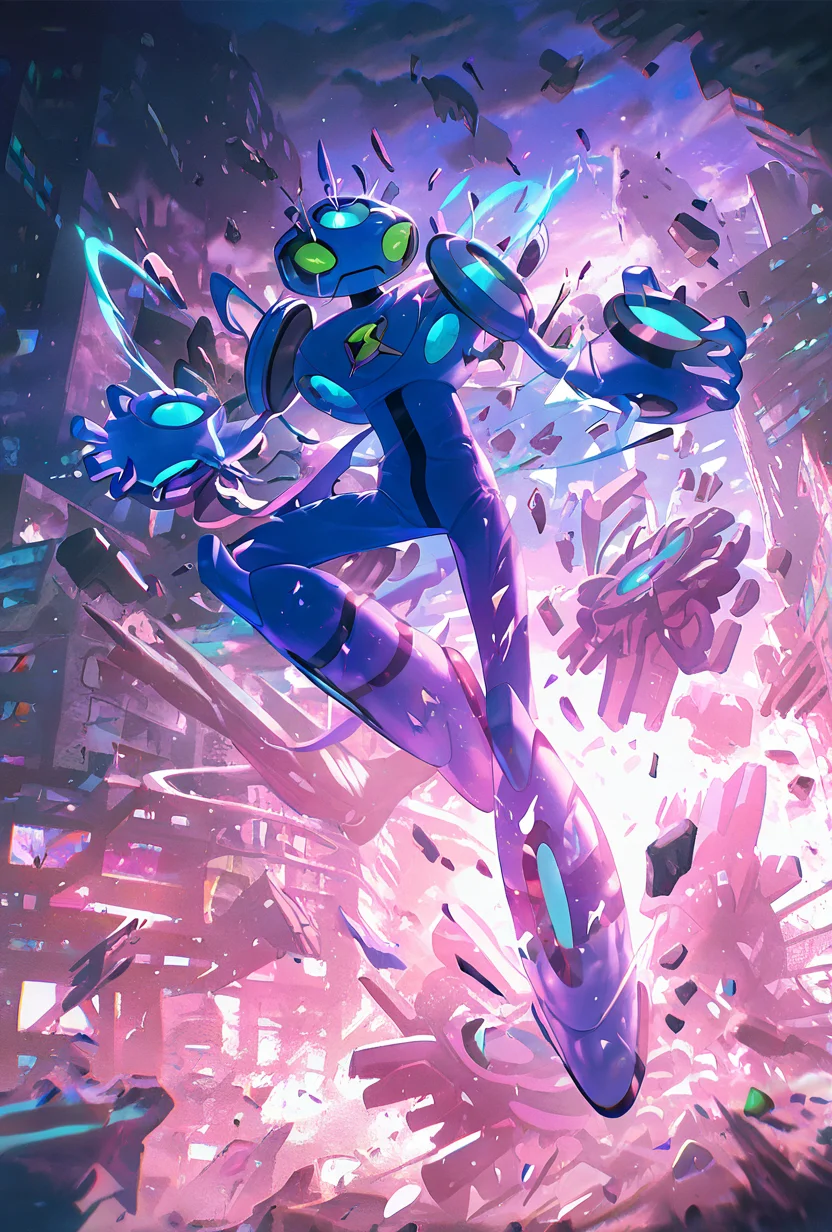 <lora:ulteco-10:1> ulteco, pokemon (creature),blue robot, green eyes, closed mouth, dynamic pose, <lora:WSSKX_WAI:1> shockwaves, floating, destroyed city,, masterpiece, best quality, amazing quality, very aesthetic, absurdres, newest,