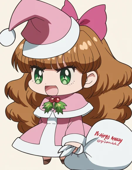 score_9, score_8_up, score_7_up, source_anime, <lora:azusa-shiratori-s1-ponyxl-lora-nochekaiser:1>, azusa shiratori, long hair, brown hair, bow, green eyes, hair bow, pink bow, medium breasts, anime screencap,, <lora:padoru-ponyxl-lora-nochekaiser:1>, padoru, padoru (meme), holding sack, sack, santa hat, meme, christmas, open mouth, chibi, red capelet, santa dress, capelet, fur-trimmed headwear,, , dutch angle, cowboy shot