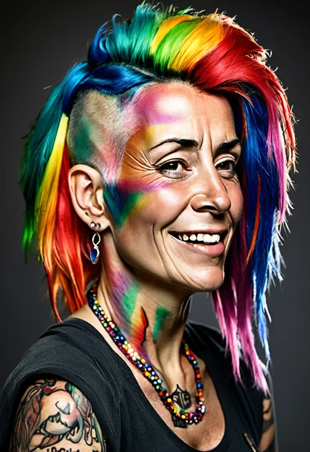 <lora:InfiniteTina:.6> A 40-year-old homeless InfiniteTina woman with rainbow hair.