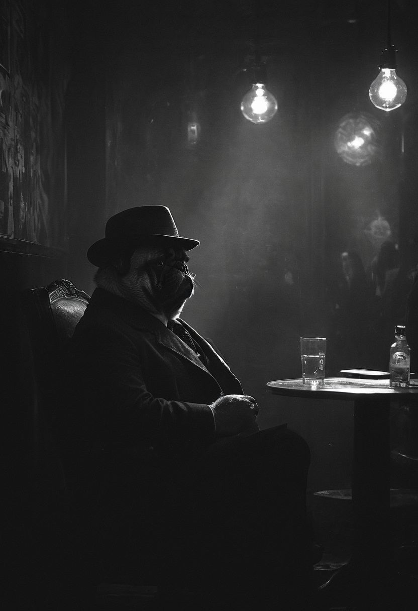 (anthropomorphic pug: 1.39) noir detective in Los Angeles,, Volumetric lighting, concept art, sharp focus, digital art <lora:xl_more_art-full_v1:0.8> <lora:Into_Darkness:0.8>, fedora, smokey, trench coat, revolver held at ready, sitting in jazz-club, pattern wallpaper
