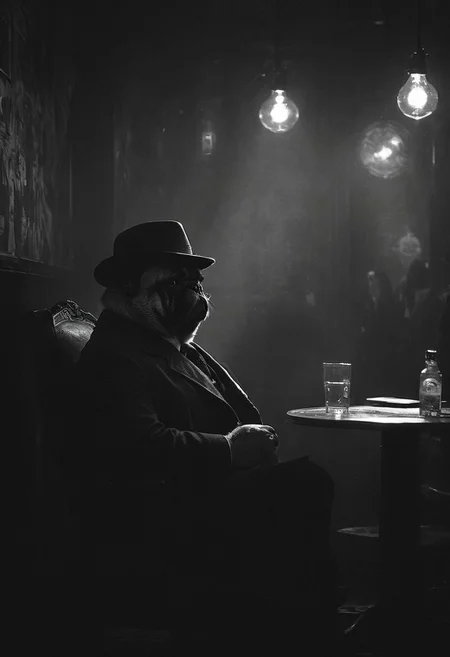 (anthropomorphic pug: 1.39) noir detective in Los Angeles,, Volumetric lighting, concept art, sharp focus, digital art <lora:xl_more_art-full_v1:0.8> <lora:Into_Darkness:0.8>, fedora, smokey, trench coat, revolver held at ready, sitting in jazz-club, pattern wallpaper