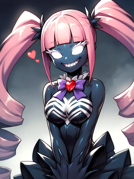 Score_9, score_8_up, score_7_up, score_6_up, score_5_up, BREAK, source_anime, magical girl, no humans, cute, black dress, purple ribbon, BREAK, colored black skin, monster girl, monsterification, personification, large pink hair, very long drill hair, blunt bangs, twintails, half-closed eyes, white eyes, white eyelashes, big sharp teeth, medium breasts, noseless, venom \(marvel\), symbiote, corset, white print, frilled sleeves, neck ribbon, red heart jewel, BREAK, <lora:Monsterification_V4:1>
