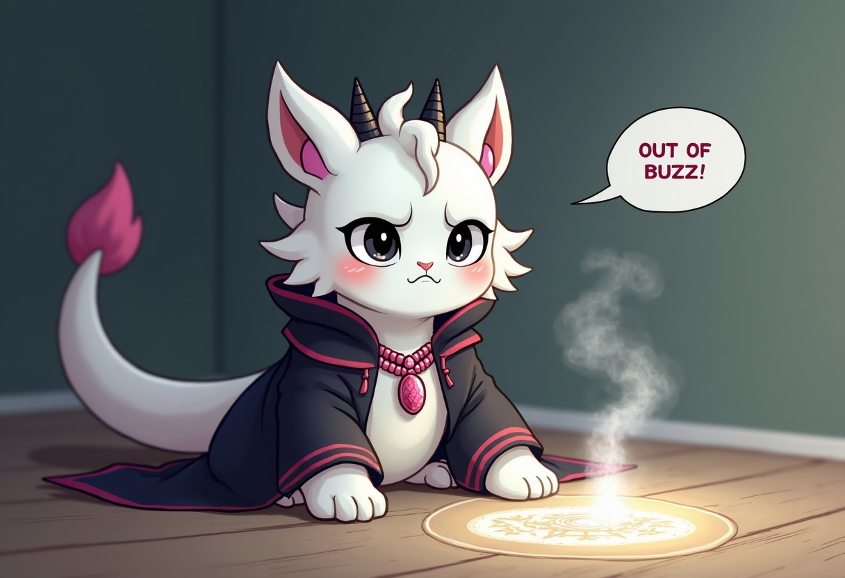 a white furry dragon, solo,
anthro, furry dragon, young, male, furry, Sad and embarrassed facial expressions, 
slit pupils, black eyes, 
(black fur, fur on the cheek),
(dragon snoot, white fur, detailed fur, white furry skin, fur on chest), tail, smile, slim body,
huge pink amulet necklaces, 
(Black Robe, mage outfit), 
2 horns, black horn, ridged horn,
sitting on the floor with a magic circle drawn, a speech bubble with "OUT OF BUZZ!", a faint wisp of smoke emanates from the magic circle,