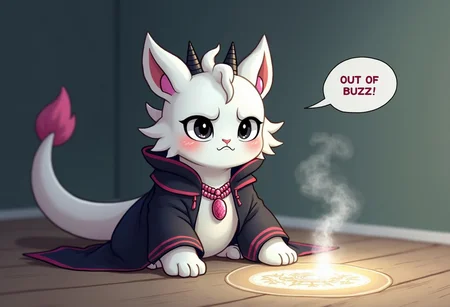 a white furry dragon, solo,
anthro, furry dragon, young, male, furry, Sad and embarrassed facial expressions, 
slit pupils, black eyes, 
(black fur, fur on the cheek),
(dragon snoot, white fur, detailed fur, white furry skin, fur on chest), tail, smile, slim body,
huge pink amulet necklaces, 
(Black Robe, mage outfit), 
2 horns, black horn, ridged horn,
sitting on the floor with a magic circle drawn, a speech bubble with "OUT OF BUZZ!", a faint wisp of smoke emanates from the magic circle,