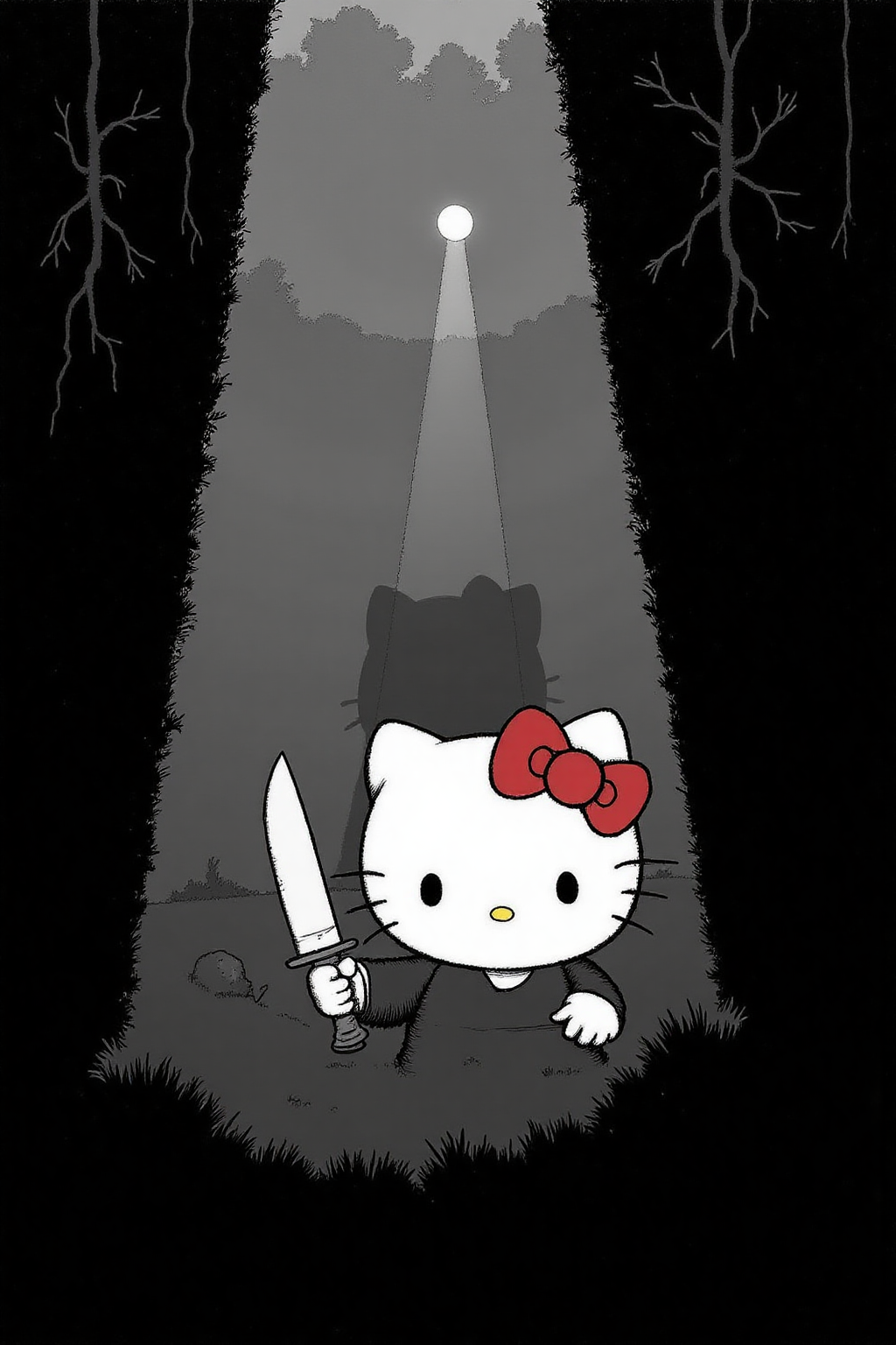 whrob1 illustration Hello Kitty in the middle of the forest holding a knife, the atmosphere and the character looks scary, Hello Kitty is hidden by the shadows.,aidmafluxpro1.1