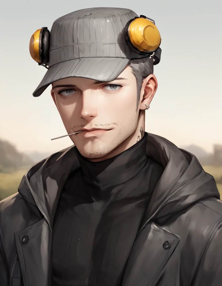 score_9, score_8_up, score_7_up, score_6_up, score_5_up, male focus,  <lora:Persona_5_-_Munehisa_Iwai_-_Pony_3:0.8> m_iwai, grey hair, mature male, grey eyes, stubble, neck tattoo, multiple earrings, pinstripe hat, ear protection, grey long coat, hood down, black turtleneck, jeans, boots, cowboy shot, outdoors, looking at viewer, contrapposto, lollipop, in mouth, realistic
