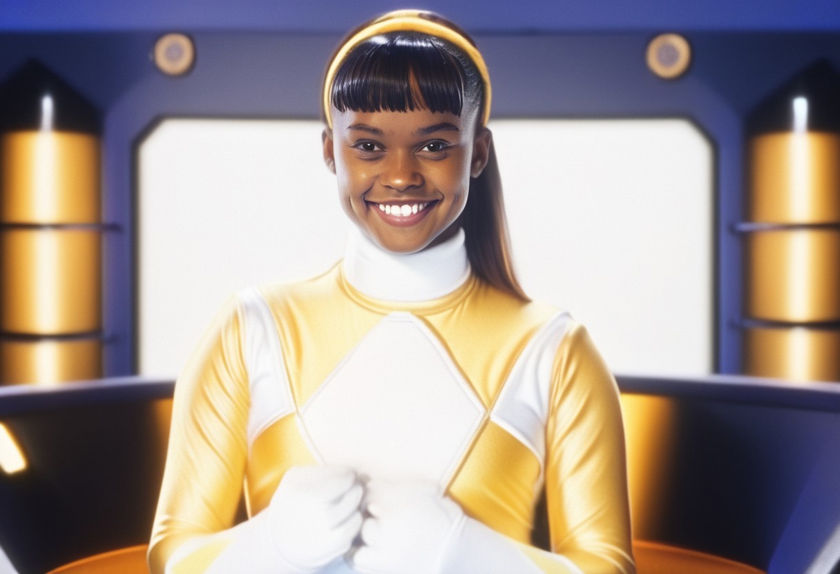 female yellow power ranger Aisha, straight hair, yellow hairband, fringe, alone, helmetless, uniform, white turtleneck collar, white gloves belt, smiling, in megazord, hyperdetailed photography