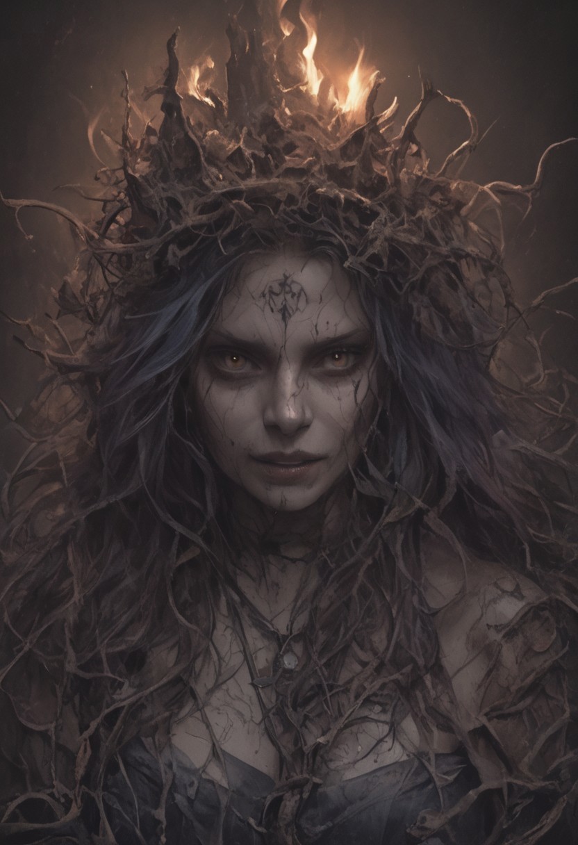 Create a hyper-realistic photographic fantasy portrait of a scary witch, She has porcelain skin and tattoos with a luminescent glow, gently open eyes, and a snarling expression. Her long, messy red and blue hair interwoven with organic tendrils cascades like vines, crowned by a floral headdress of wilted briars, dried leaves, wearing a dark purple robe, the nighttime lights from a fire enhancing the scary, shadowy depths and earthy tones. The composition should feel intimate, mysterious,