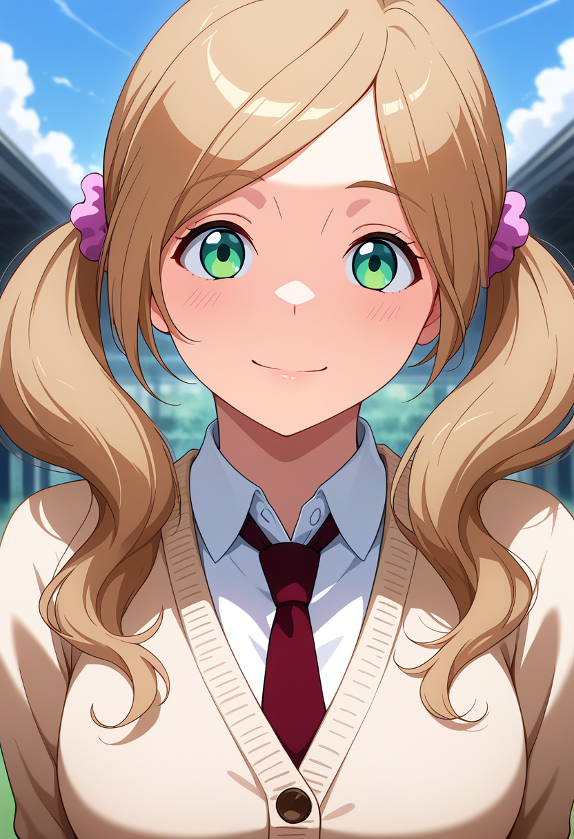 masterpiece, best quality, amazing quality, 1girl, solo, portrait, ninaww, green eyes, brown hair, long hair, twintails, hair ornament, pink hair scrunchie, medium breasts, wins uniform, cardigan, red necktie, white collared shirt, looking at viewer, smile, outdoors, skindentation, detailed clothing folds, depth of field, sharp, high contrast, dynamic light <lora:Aldnoah_Zero_Nina_Klein_ill:1>