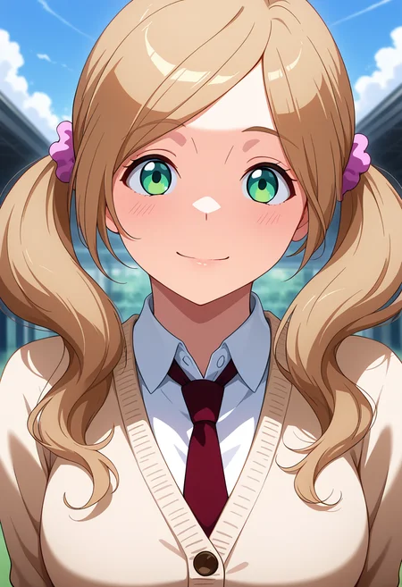 masterpiece, best quality, amazing quality, 1girl, solo, portrait, ninaww, green eyes, brown hair, long hair, twintails, hair ornament, pink hair scrunchie, medium breasts, wins uniform, cardigan, red necktie, white collared shirt, looking at viewer, smile, outdoors, skindentation, detailed clothing folds, depth of field, sharp, high contrast, dynamic light <lora:Aldnoah_Zero_Nina_Klein_ill:1>