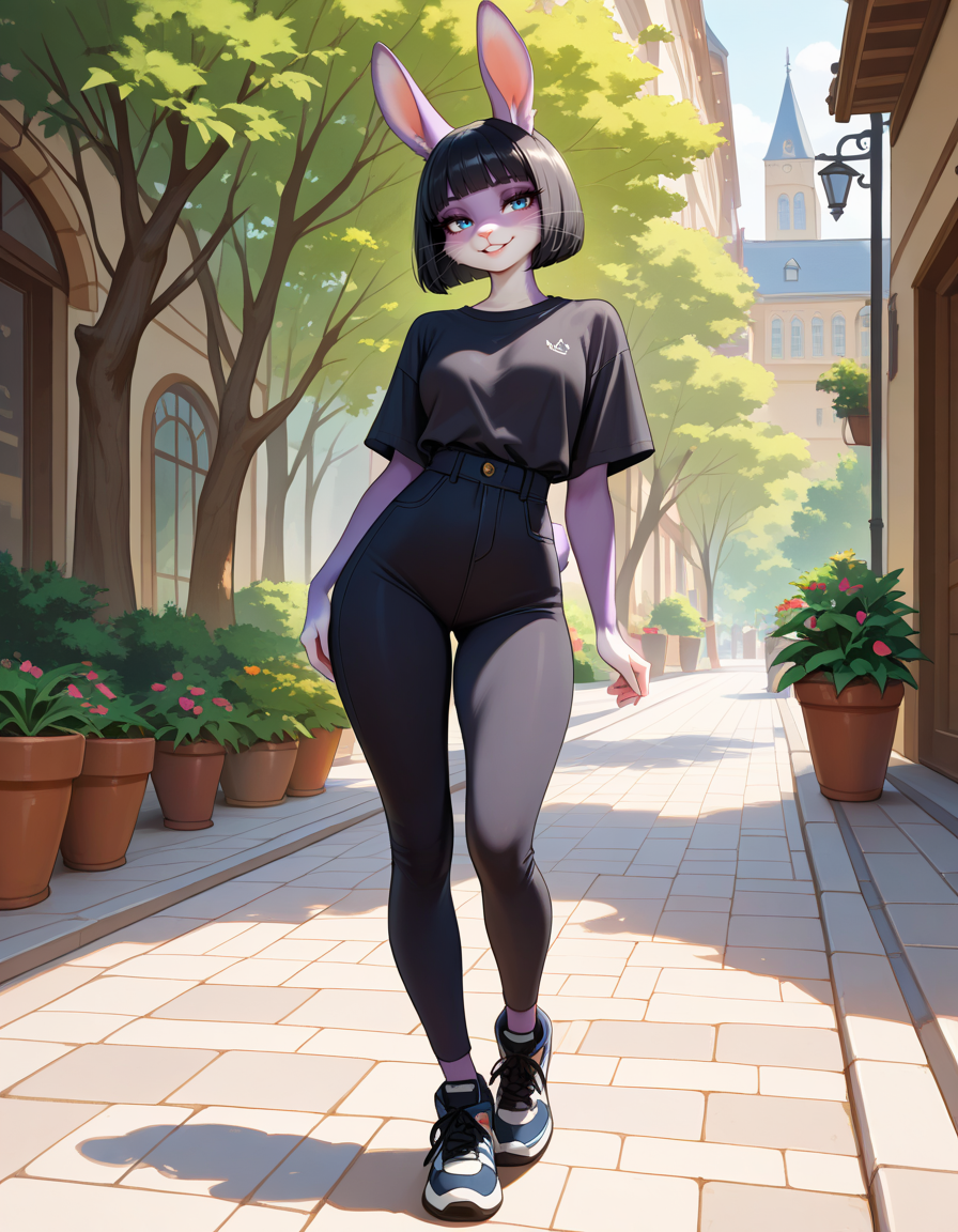 masterpiece, best quality, very aesthetic, absurdres,
outdoors, casual, 
full body,standing, posing, 
 seductive smile, parted lips, long eyelashes,
m4rl3nn3,1girl,solo,furry,furry female,rabbit girl,black hair,short hair,blunt bangs,bob cut,rabbit ears,blue eyes,animal nose,whiskers,body fur,purple fur,rabbit tail,