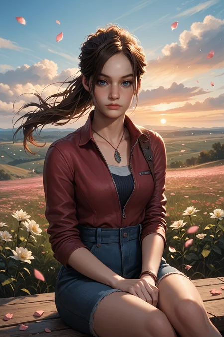score_9, score_8_up, score_7_up, score_6_up
<lora:RE2Claire:0.8>
RE2Claire, 1girl, brown hair, long hair, ponytail, blue eyes, looking at viewer, sitting, field, hill, blue sky, sunset, flower petals, wind