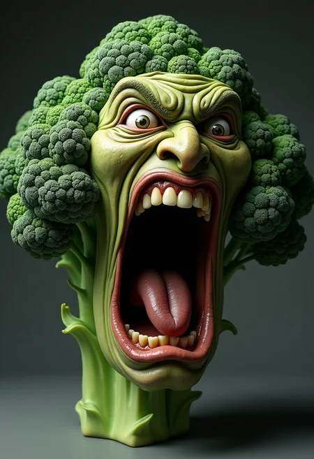 Hyperrealistic broccoli with a grotesquely anthropomorphic face, screaming in intense rage or agony. Bushy, tree-like shape with textured green florets, transitioning seamlessly into wrinkled, flesh-like features. Eyes bulge outward, bloodshot and strained, with pale, watery flesh forming eerie eye sockets. Brow deeply furrowed, creating harsh lines across the broccoli's surface. Nose scrunched and flared, nostrils clearly visible. Mouth stretched impossibly wide, revealing rows of human-like teeth and a moist, glistening tongue. Lips pulled back in a snarl, exposing gums. Cheeks contorted, emphasizing the screaming expression. Skin pores and fine hairs visible on the face portion, blending into the more typical broccoli texture with its tiny buds and stalks. Vivid green coloration with subtle variations in tone, highlighting the vegetable's natural complexity. Harsh lighting from above casts dramatic shadows, accentuating the three-dimensional quality and the grotesque facial features. Background is a neutral grey gradient, focusing attention on the surreal, nightmarish broccoli creature.