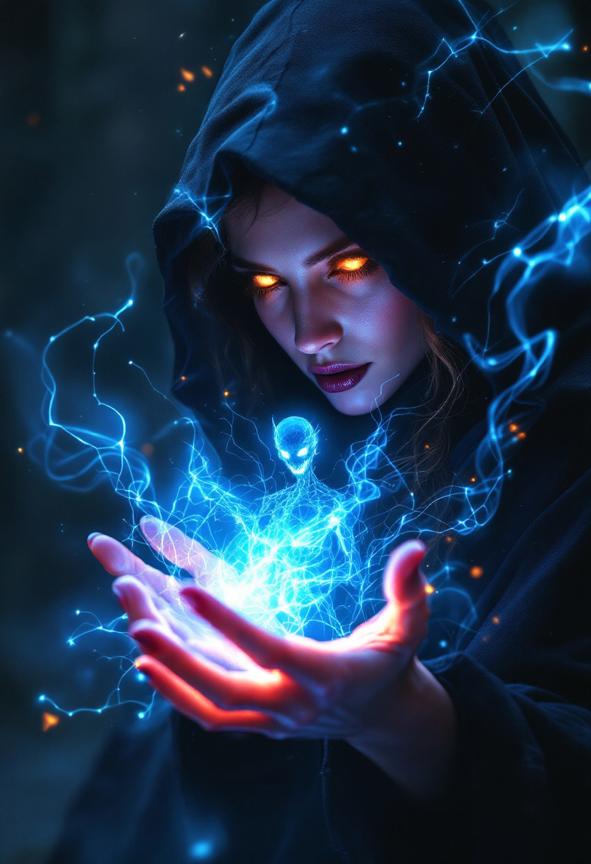 the image must contain maximum high quality details, the realism of the image must be maximal and of high quality, image quality must be maximum,  image rendering  must be maximum,  the image must have a lot of detail and be very complex,  ultra realist style,
A side view of a powerful occult witch, her face fully visible and illuminated by the glow of her intense spell. She wears a hooded black cloak, her eyes glowing with supernatural energy as she casts a powerful, swirling spell from her hands. The air crackles with dark magic as a mysterious creature shaped demon, almost fully transparent, barely distinguishable as it phases between two worlds. Its ethereal form is nearly invisible, with only subtle outlines and faint glowing energy defining its shape. Light passes easily through the spirit, making it appear as though it is dissolving into the mist and shadowy swirls around it. Its glowing eyes float in the air, with the rest of its figure fading into the background of a dark void mixed with fiery glimpses of another realm, giving the spirit an otherworldly, ghost-like presence. The scene is lit by the bright, otherworldly glow of the spell, casting eerie shadows on the witch's focused, determined face.