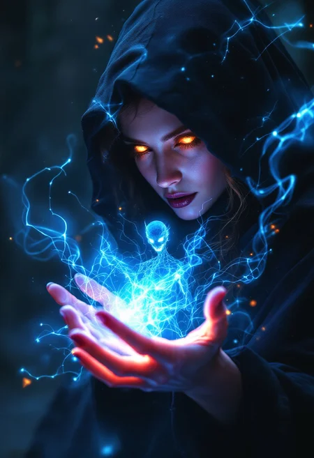 the image must contain maximum high quality details, the realism of the image must be maximal and of high quality, image quality must be maximum, image rendering must be maximum, the image must have a lot of detail and be very complex, ultra realist style,
A side view of a powerful occult witch, her face fully visible and illuminated by the glow of her intense spell. She wears a hooded black cloak, her eyes glowing with supernatural energy as she casts a powerful, swirling spell from her hands. The air crackles with dark magic as a mysterious creature shaped demon, almost fully transparent, barely distinguishable as it phases between two worlds. Its ethereal form is nearly invisible, with only subtle outlines and faint glowing energy defining its shape. Light passes easily through the spirit, making it appear as though it is dissolving into the mist and shadowy swirls around it. Its glowing eyes float in the air, with the rest of its figure fading into the background of a dark void mixed with fiery glimpses of another realm, giving the spirit an otherworldly, ghost-like presence. The scene is lit by the bright, otherworldly glow of the spell, casting eerie shadows on the witch's focused, determined face.