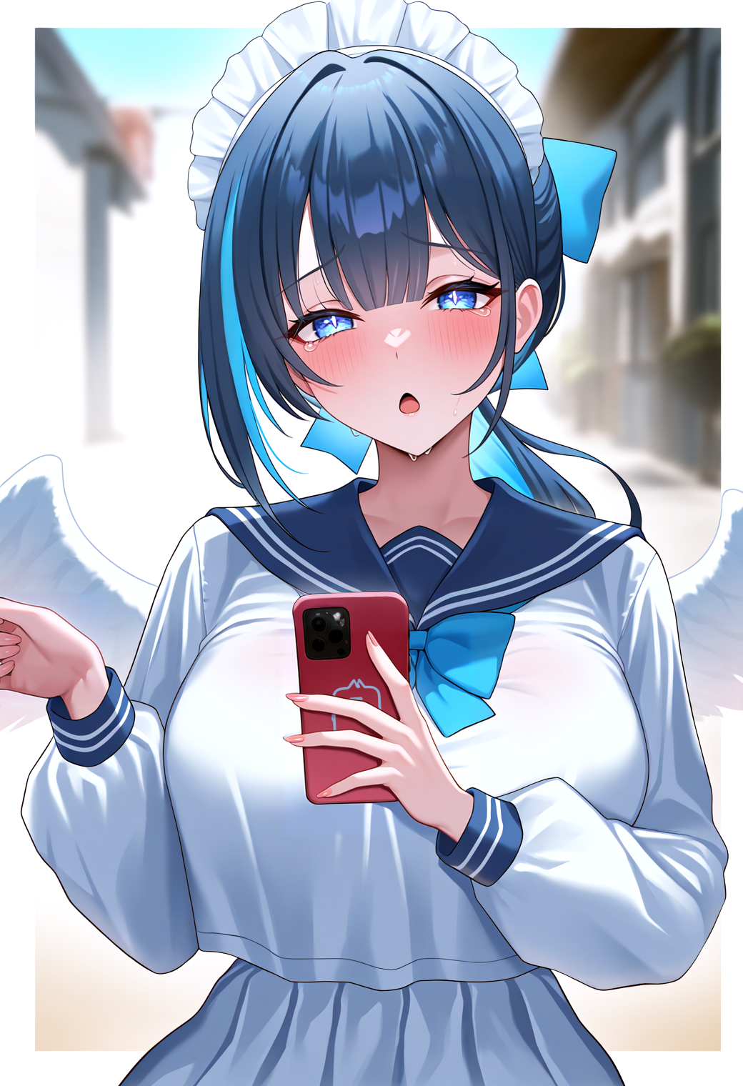 very awa, masterpiece, best quality, year 2024, newest, highres, absurdres, <lora:age_slider_v4:3> <lora:thicc_v1.4-pony:1.2>,detailed_background,outdoors,phone,long sleeves,cellphone,blue hair,outside border,maid headdress,hair bow,umecha 0,1girl,solo,bow,highres,bowtie,open mouth,absurdres,holding,border,crying,blush,blue eyes,blue bowtie,ponytail,sailor collar,wings,blue bow,smartphone,blue sailor collar,white border,tears,looking at viewer