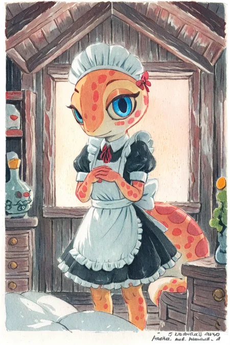 anthro gecko girl,maid outfit,straight hair,blue eyes,Ameli,(solo:1.3)
bang covering one eye,indoors,looking at viewer,traditional media
<lora:Perfect Hands:1> <lora:Ameli:0.8>, score_9, score_8_up, score_7_up, score_6_up, score_5_up, score_4_up,zPDXL