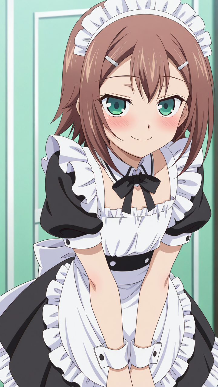smile, blush,, masterpiece, best quality, amazing quality, very aesthetic, absurdres, newest, anime screencap, <lora:checkpoint-e18_s864:1>, kinoshita hideyoshi, otoko no ko, brown hair, green eyes, short hair, hairclip, maid, maid apron, frills, frilled dress, black dress, maid headdress,