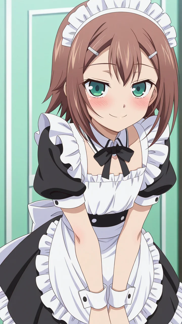 smile, blush,, masterpiece, best quality, amazing quality, very aesthetic, absurdres, newest, anime screencap, <lora:checkpoint-e18_s864:1>, kinoshita hideyoshi, otoko no ko, brown hair, green eyes, short hair, hairclip, maid, maid apron, frills, frilled dress, black dress, maid headdress,