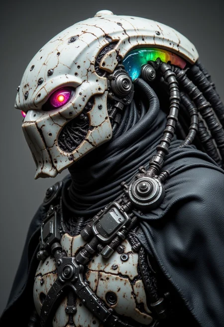 enistyle, A monochrome Vintage Closeup Portrait of the helmet depicting a imposing, Pristine White Sci-fi Predator,. intricate Closeup of His perfect designed translucent helmet and armor, The cloak is draped over a black, with exposed wires and mechanical parts visible at her shoulders.. The Warrior is covered in long, dark, sinuous tendrils that resemble tentacles, emerging from its back and wrapping around its arms, adding a menacing, alien quality. These tendrils are covered in small, metallic hooks and are attached to the figure's back, creating a chaotic, almost monstrous appearance. Her helmet is a futuristic, with multiple lines suggesting motion or energy discharges. bleaked neon pink, Green, blue, orange atmospheric neon lighting,