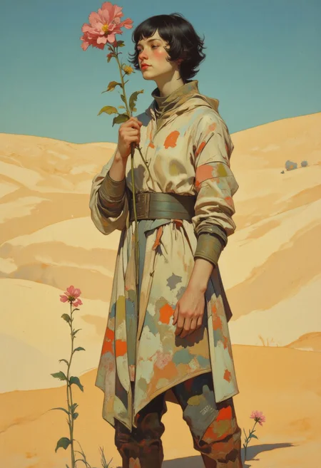 drkfnts style, DB4RZ, DB4RZ style painting, ck-70scf, OBxiaoxiang, R3alisticF, Steve McDonald Art, a highly detailed digital painting of a lone figure in a desolate expansive desert landscape stands in a quiet, sunlit clearing, holding a single flower in their hand. The bloom is delicate, its vibrant petals trembling in the soft breeze. there is nothing to be seen for miles except dunes of sand. The figure’s face is soft in expression, caught in a moment of stillness, as if they are watching something fragile grow in the silence of the world around them.
The composition is dominated by gold, navy blue, orange, and red tones.