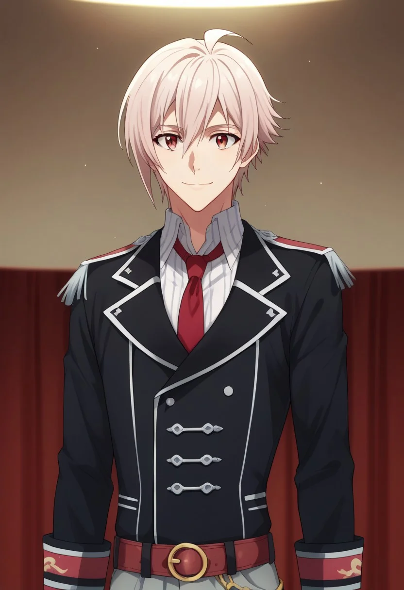 score_9, score_8_up, score_7_up, source_anime, highly detailed,
tennkujo, 1boy, male focus, necktie, ahoge, belt, uniform, red necktie, epaulettes,
long sleeves, grey pants, idol uniform, upper body, smile, black jacket, closed mouth,
indoor, stage,