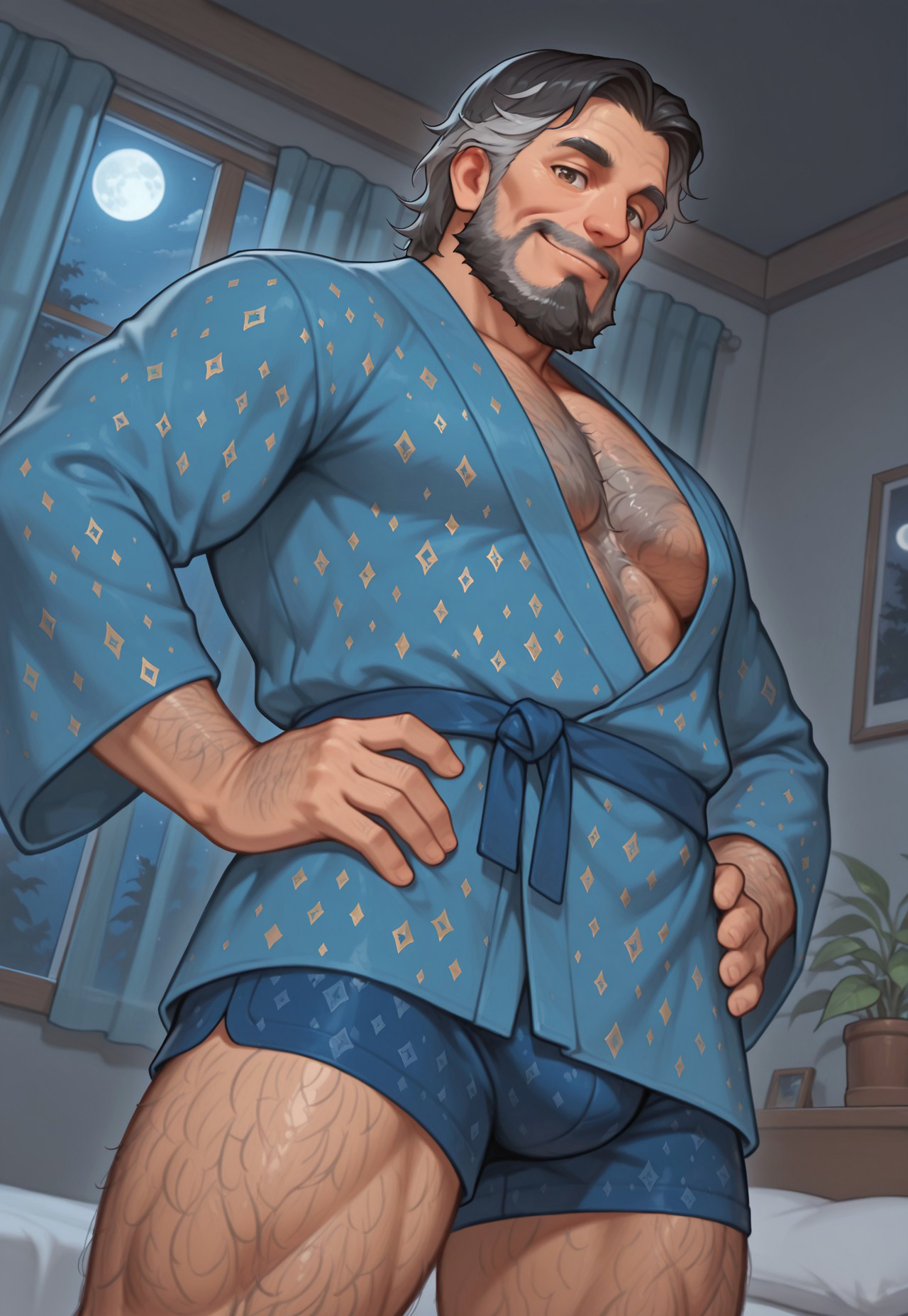 masterpiece, best quality, amazing quality, AtticusMTAE, short hair, two-tone hair, black hair, grey hair, brown eyes, beard, muscular, mature male, hairy chest, hairy, blue robe, blue belt, blue boxers, looking at viewer, smile, dynamic pose, detailed background, dutch angle, upper body, cowboy shot, bedroom, night, window, moon, plants, pillows, bloom, below view, hands on hips, sexy posing, Expressiveh, curtains, side view, standing, hairy arms, hairy legs,