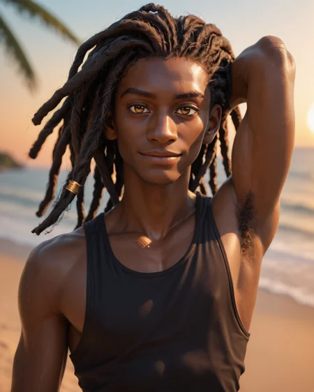 score_9, score_8_up, score_7_up, score_6_up, score_5_up, score_4_up, rating_questionable,
<lora:gooeycandy1:1>,
1boy(human male, portrait, closeup, slender twink,
black african, black skin, dreadlocks,
tight tank top,
,
portrait, closeup, glistening skin, one arm raised with the hand behind the head, one single ring piercing through the left eyebrow, seductive pose, solo, light body hair, looking at the viewer, light smile), summer, sunshine, morning, tropical beach, depth of field, detailed background,
<lora:xl_more_art-full_v1:0.4>,
<lora:add-detail-xl:0.4>