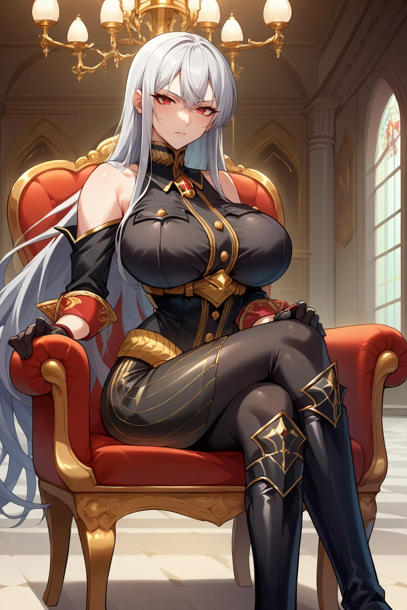 score_9, score_8_up, score_7_up, score_6_up, source_anime, BREAK 1girl, <lora:selvaria-pdxl-nvwls-v1-000005:1> selvaria, very long hair, black shirt, bare shoulders, belt, black leggings, detached sleeves, black gloves, large breasts, sitting, chair, fancy chair, chandelier, looking at you, mansion interior, crossed legs, black boots