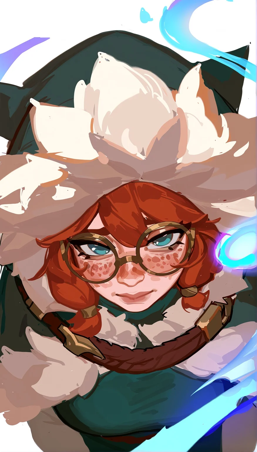 masterpiece, suqling, scenery, 1girl, aurora \(league of legends\), league of legends, freckles, blush,embarrassed,blue eyes, glasses,black-framed eyewear,round eyewear, looking at viewer, half closed eyes,lips, (pout, puckered lips, closed mouth, :o:0.8),breasts, short hair, bangs, from above, prespective, brown hair, dress, jewelry, hood, fur trim, glowing, ring, cloak, hood up, green dress, fur-trimmed hood