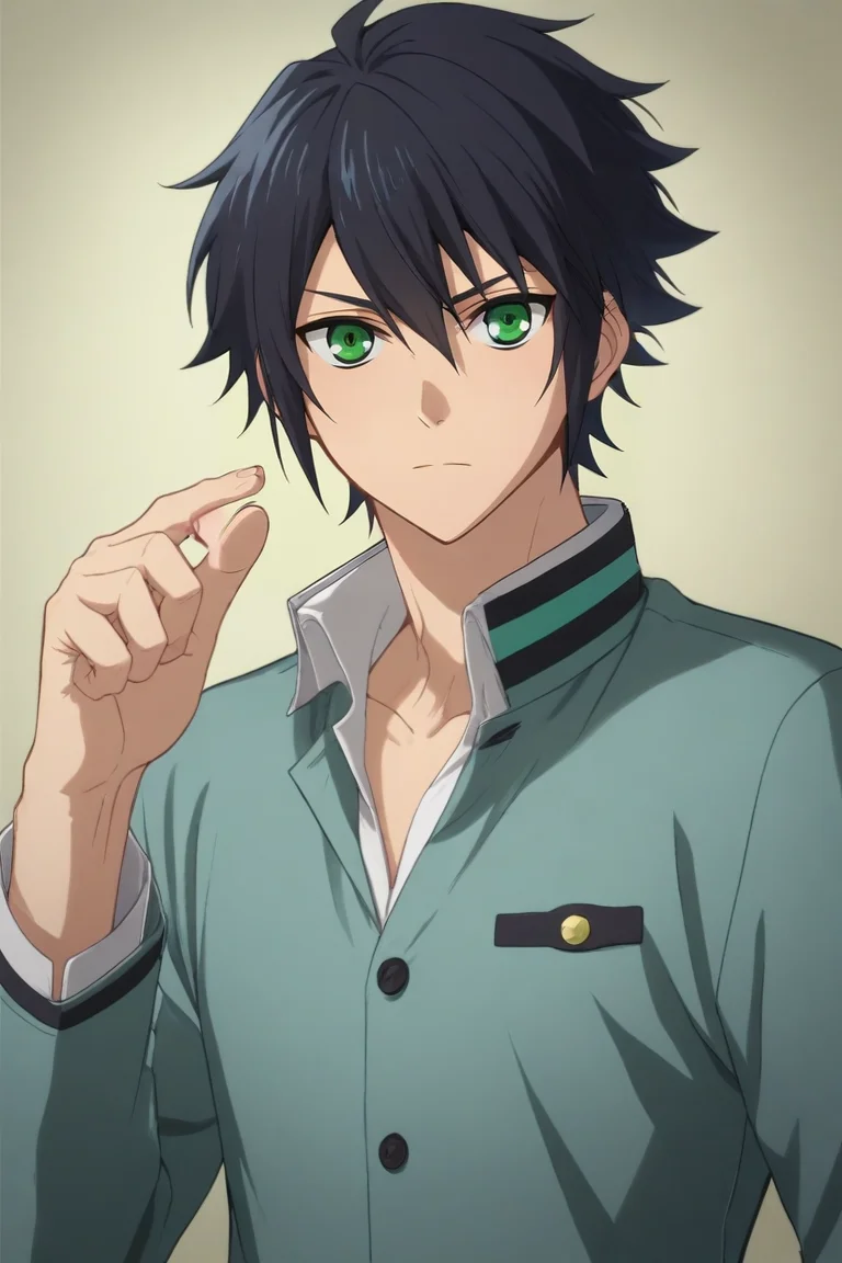 score_9, score_8_up, score_7_up, source_anime, intricate details, (realistic:0.6), looking at viewer, upper body, , 1boy, solo, male focus, <lora:yuuichirou_hyakuya_pony:0.78>, yuuichirou_hyakuya, black hair, green eyes, short hair, hair between eyes, , The Kingdom of the Unicorn, One hand raised, signaling a question, <lora:sdxl_lightning_8step_lora:1>