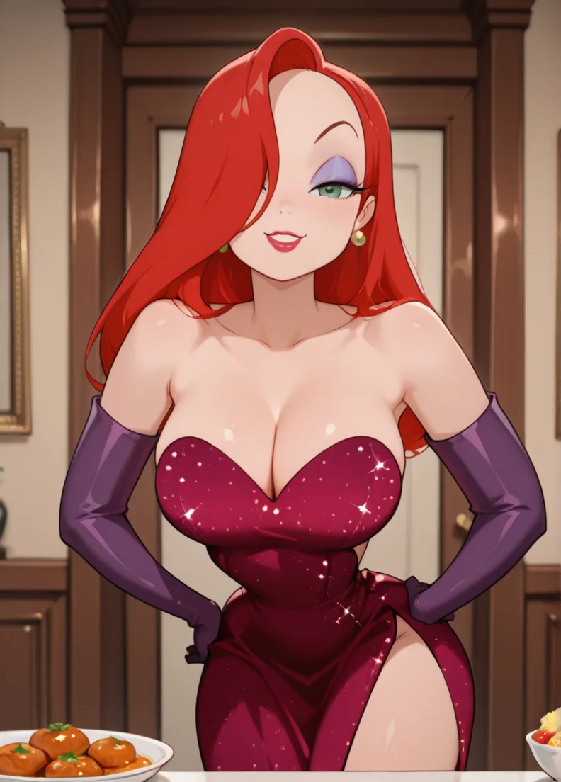 masterpiece, best quality, amazing quality, very aesthetic, absurdres, newest, detailed background, (official style:1.2),
jessicaxd, 1girl, breasts, dress, makeup, gloves, cleavage, green eyes, elbow gloves, red hair, lipstick, eyeshadow, earrings, jewelry, bare shoulders, hair over one eye, solo, food, red dress, large breasts, long hair, strapless dress, side slit, strapless, looking at viewer, purple gloves, hands on hips, purple dress, smile,
<lora:Jessica_Rabbit_-_Disney_Illustrious:1>