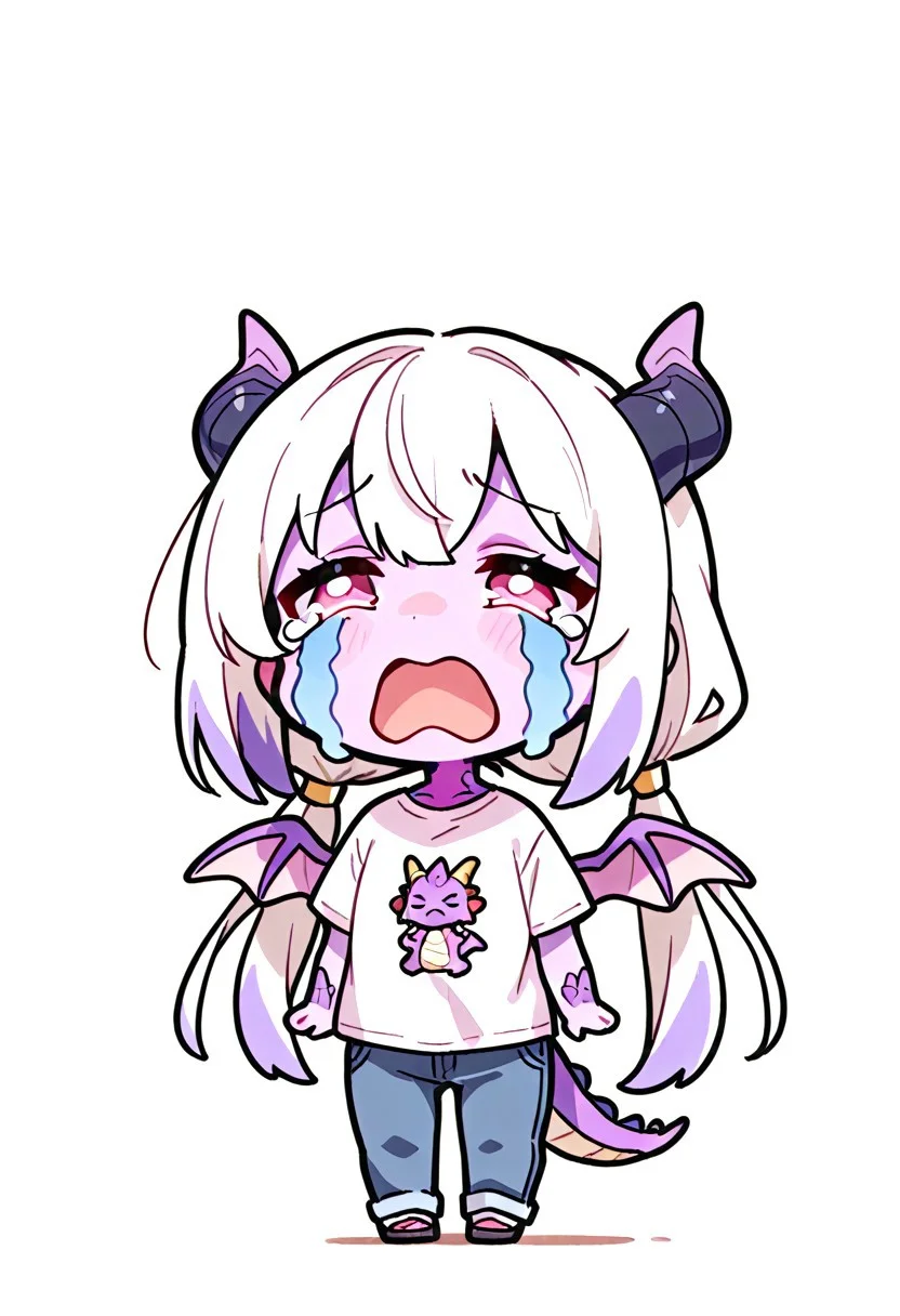 masterpiece, best quality, cute, simple illustration, (dragon: 1.2), (cute:1.2), solo, Female dragon,  dragon horns, dragon wings, dragon tail, pink eyes, Purple scales, purple skin, colored skin, white hair, multicolored hair ends, long hair, pigtails, chibi, jeans, t-shirt, full body, uohhhhhhhhh! \(meme\), streaming tears, tongue, crying, meme, =_=, open mouth, tears,