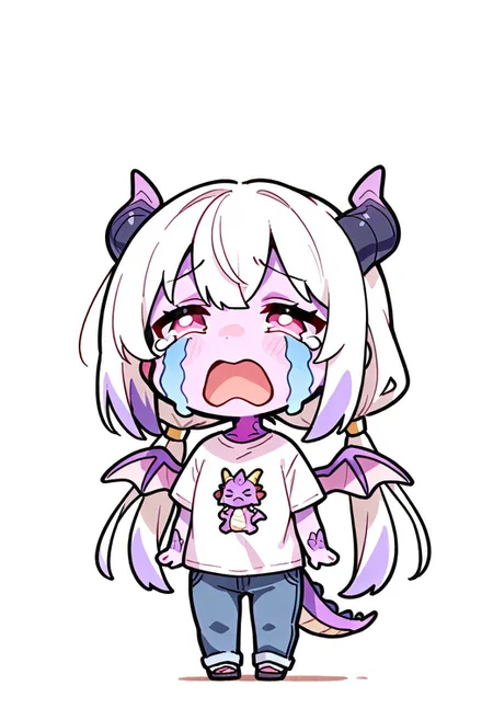 masterpiece, best quality, cute, simple illustration, (dragon: 1.2), (cute:1.2), solo, Female dragon, dragon horns, dragon wings, dragon tail, pink eyes, Purple scales, purple skin, colored skin, white hair, multicolored hair ends, long hair, pigtails, chibi, jeans, t-shirt, full body, uohhhhhhhhh! \(meme\), streaming tears, tongue, crying, meme, =_=, open mouth, tears,
