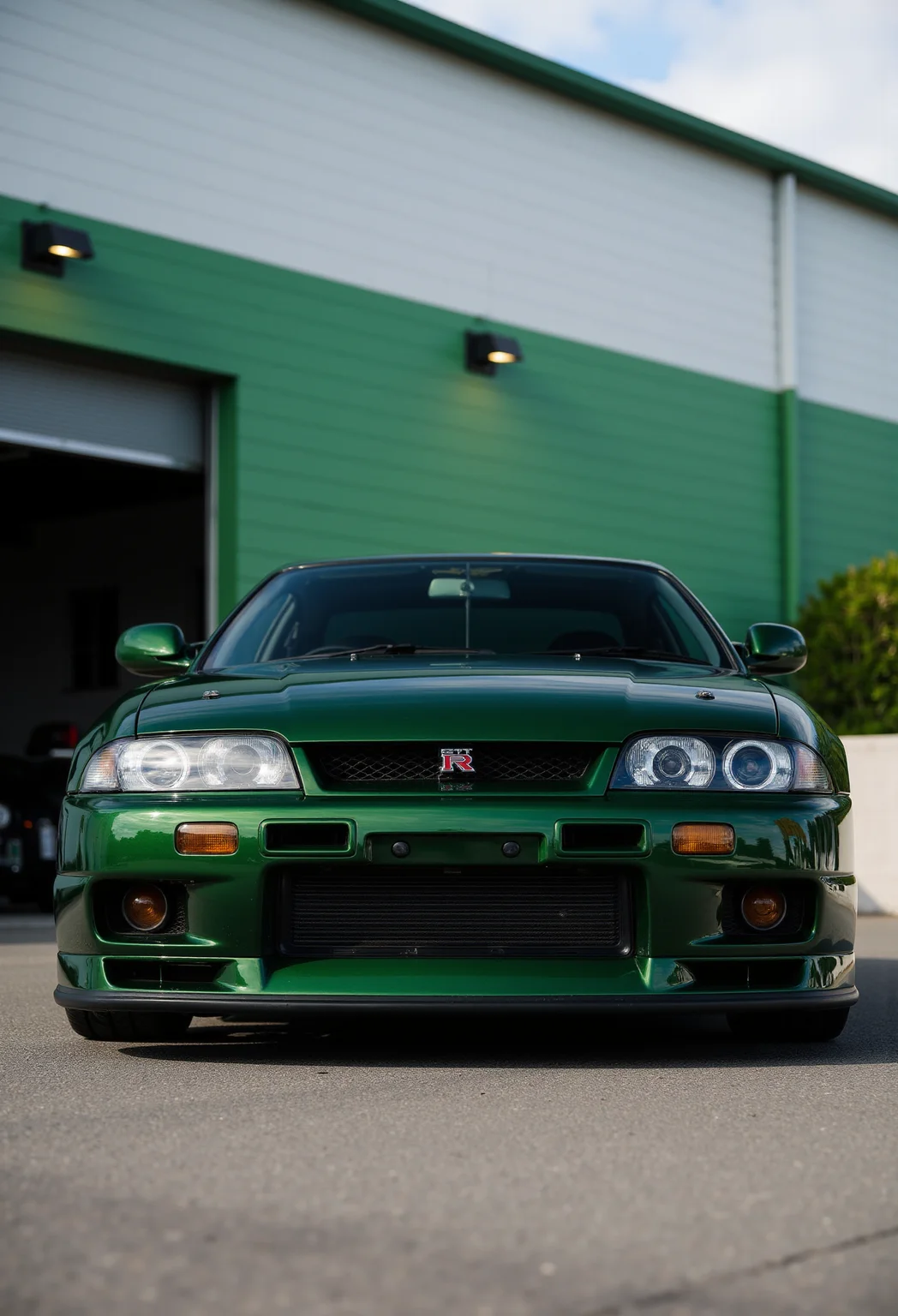 <lora:Nissan_Skyline_GT-R_R33:0.7> A slightly from below eye level of a gorgeous Nissan Skyline GT-R R33 in all its shining glory. In a style of clean look. The car has very dark green paint job with black undertone. Mirror-like, high gloss finish catches bright highlights. Vibrant color palette.