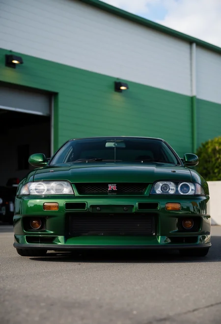 <lora:Nissan_Skyline_GT-R_R33:0.7> A slightly from below eye level of a gorgeous Nissan Skyline GT-R R33 in all its shining glory. In a style of clean look. The car has very dark green paint job with black undertone. Mirror-like, high gloss finish catches bright highlights. Vibrant color palette.
