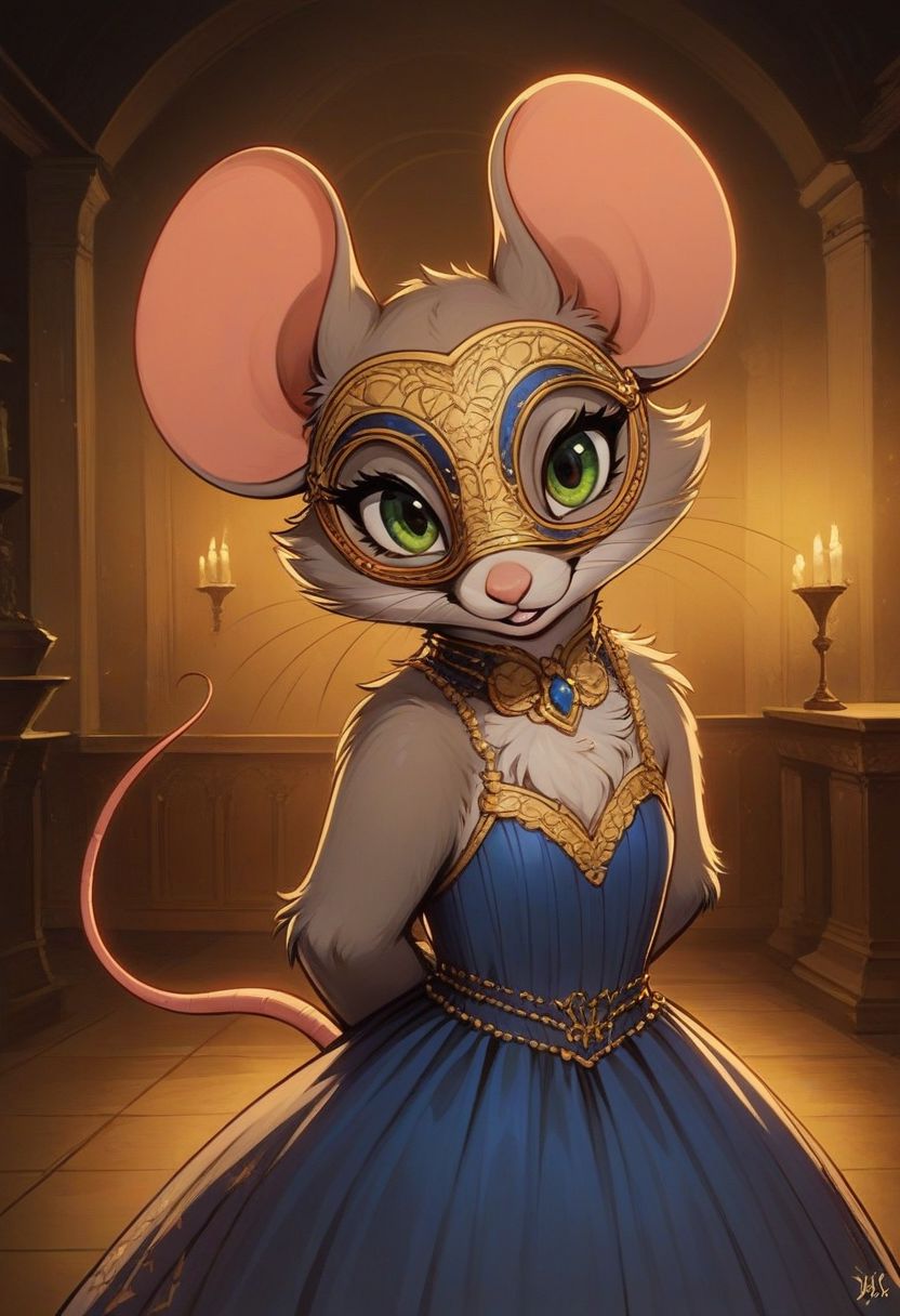 score_9, score_8_up, score_8, (solo), (solo:2), (fluffy:0.5), (feral:1.5), indoors, ballroom, furry, (((mouse))), female, bright green eyes, grey fur, grey ears, claws, (fluffy cheeks:0.4), (fancy blue dress, Venetian mask), cute, in the style of beatrix potter, cel-shading, fca style, backlit, hands behind back, high angle view, (portrait, upper body shot:1.5), (side view:0.7), look at viewer, masquerade dress