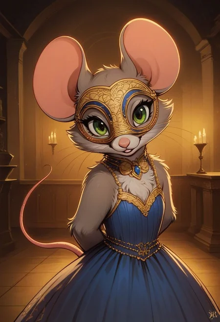 score_9, score_8_up, score_8, (solo), (solo:2), (fluffy:0.5), (feral:1.5), indoors, ballroom, furry, (((mouse))), female, bright green eyes, grey fur, grey ears, claws, (fluffy cheeks:0.4), (fancy blue dress, Venetian mask), cute, in the style of beatrix potter, cel-shading, fca style, backlit, hands behind back, high angle view, (portrait, upper body shot:1.5), (side view:0.7), look at viewer, masquerade dress