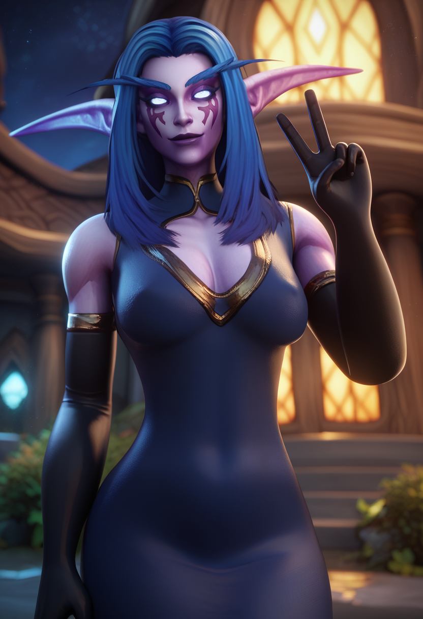 score_9,score_8_up,score_7_up, 1girl, solo upper body, long tight dress, night elf, purple skin, V across eyes, black elbow gloves, long hair, blue hair,
<lora:Zentaeron_-_3D_Artist_style:1> ss-zent,