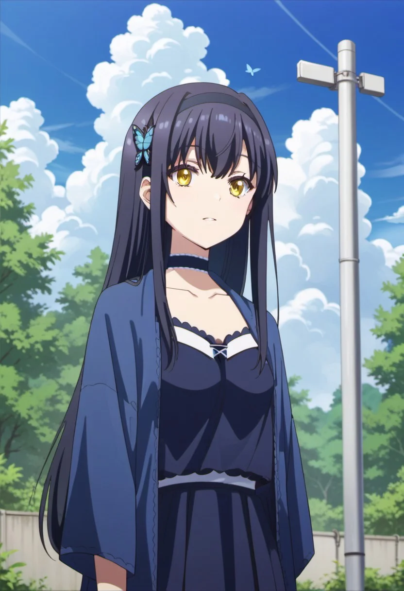 score_9, score_8_up, score_7_up, source_anime, kushima kamome, long hair, black hair, yellow eyes, 1girl, solo, outdoors, hairband, sky, day, cloud, butterfly hair ornament, hair ornament, choker, blue sky, collarbone, utility pole, tree