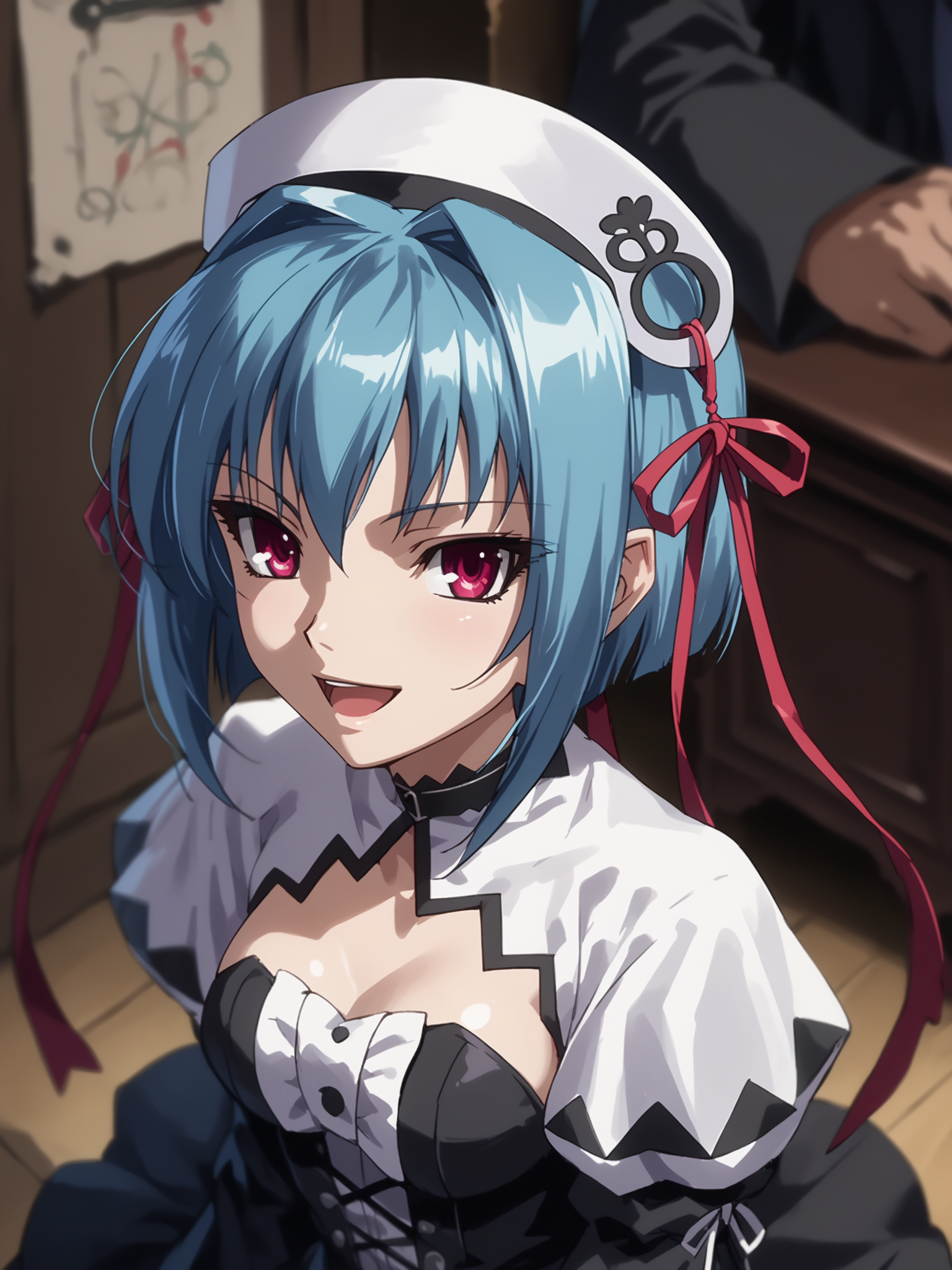 <lora:happy_tentacle-chouun-v0.5-000010:0.9>, ht_chouun, hat, hat ribbon, indoors, goth fashion, black clothes, eyeliner, layered clothes, choker , medium breasts, blue hair , cowboy shot, 1girl, (petite:1.2), solo focus, smile, open mouth, (looking at viewer:1.1), , (depth of field:0.8), from above, [(realistic, photorealistic:1.2):(realistic:1.3):22], [(3d:1.2)::10], <lora:LUUNA's Lunas-NijiJourney-SDXL-B2:0.75>, nijijourney, <lora:prgfrg23's Counterfeit-V3.0 Style SDXL_LoRA_Pony Diffusion V6 XL:0.3> <lora:Shed_The_Skin's StS_age_slider_v1_initial_release:-1.2>, score_9, score_8_up, score_7_up, score_6_up, score_5_up, score_4_up,