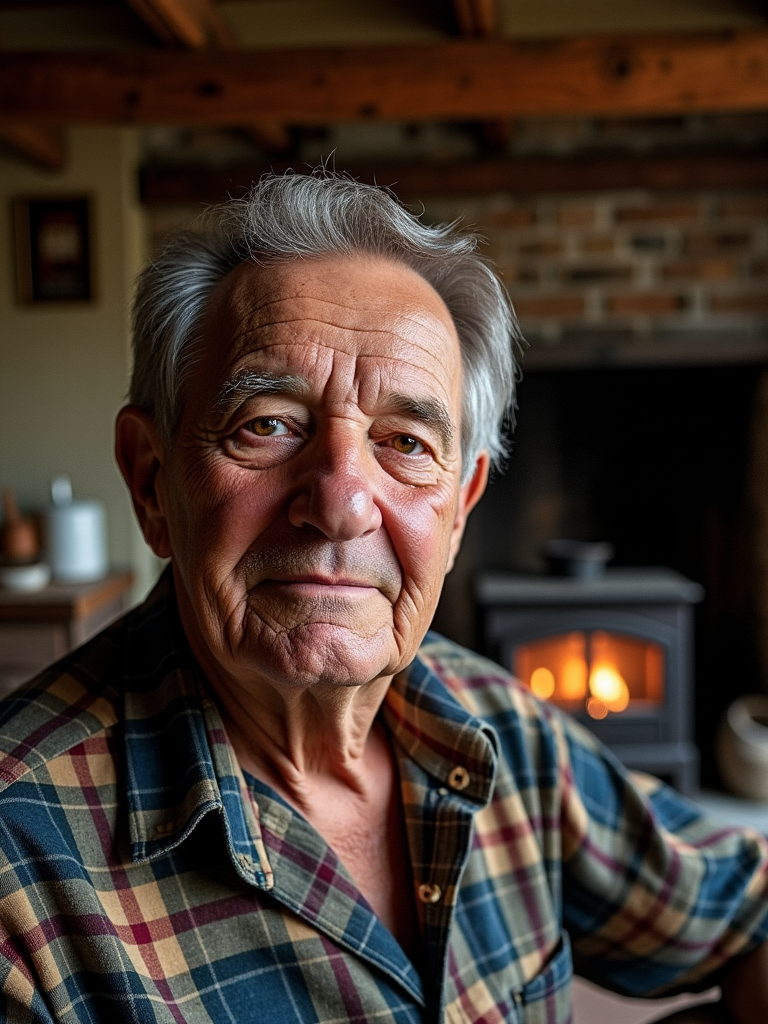 Portrait, close-up of an elderly manâs face, seated in a dimly lit, rustic kitchen with wooden beams and an old fireplace in the background, deep-set brown eyes that tell stories of a long life, detailed skin with pronounced wrinkles and sunspots, slightly downturned lips with a hint of a smile, wearing a weathered plaid shirt that contrasts with the warm, dark wood tones, gray hair slightly unkempt, light from the fireplace casting gentle shadows on his detailed skin, highlighting the texture and depth of his features, conveying a sense of wisdom, resilience, and the passage of time, rich in textures and warmth, <lora:detailed_skin_portraits-000005:0.6>