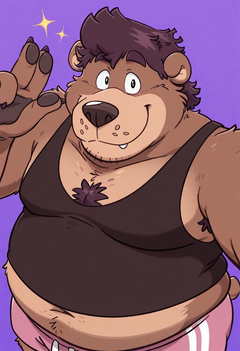1boy, J4n, solo, purple background, male, anthro bear, plump, overweight, fat, brown body/fur, dark purple hair, dark purple claws, dark purple chest hair, messy hairstyle, four fingers, short tail, short hair, dark purple eyebrows, round ears, short ears, black nose, black eyes, two tone fur, dark brown tank top, pink shorts, BREAK looking at viewer, high angle, serious, hand close-up, perfect view, upper body, two-finger salute, closed mouth, smile