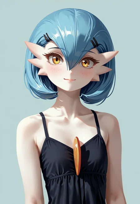 (((Gardevoir))), Female, anthro, ((pale white skin)), Stable_Yogis_PDXL_Positives, zPDXL3, Expressiveh, score_9, score_8_up, score_7_up, masterpiece, source anime, Anime Style, Raw Photo, midjourneyv6.1,
dutch angle, dynamic light,
1girl, solo, adult and mature looking, 40 years old, ((short hair)), flatchest, looking at viewer, blush, smile, (golden eyes), flat chest, blue hair, (casual black dress), detailed dress, hair between eyes, closed mouth, covered shoulders, flat chest, collarbone, upper body, hair clips, casual dress, eyelashes, ((plain background)), (((croma key background))), (lineless:1.5), FastNegativeV2