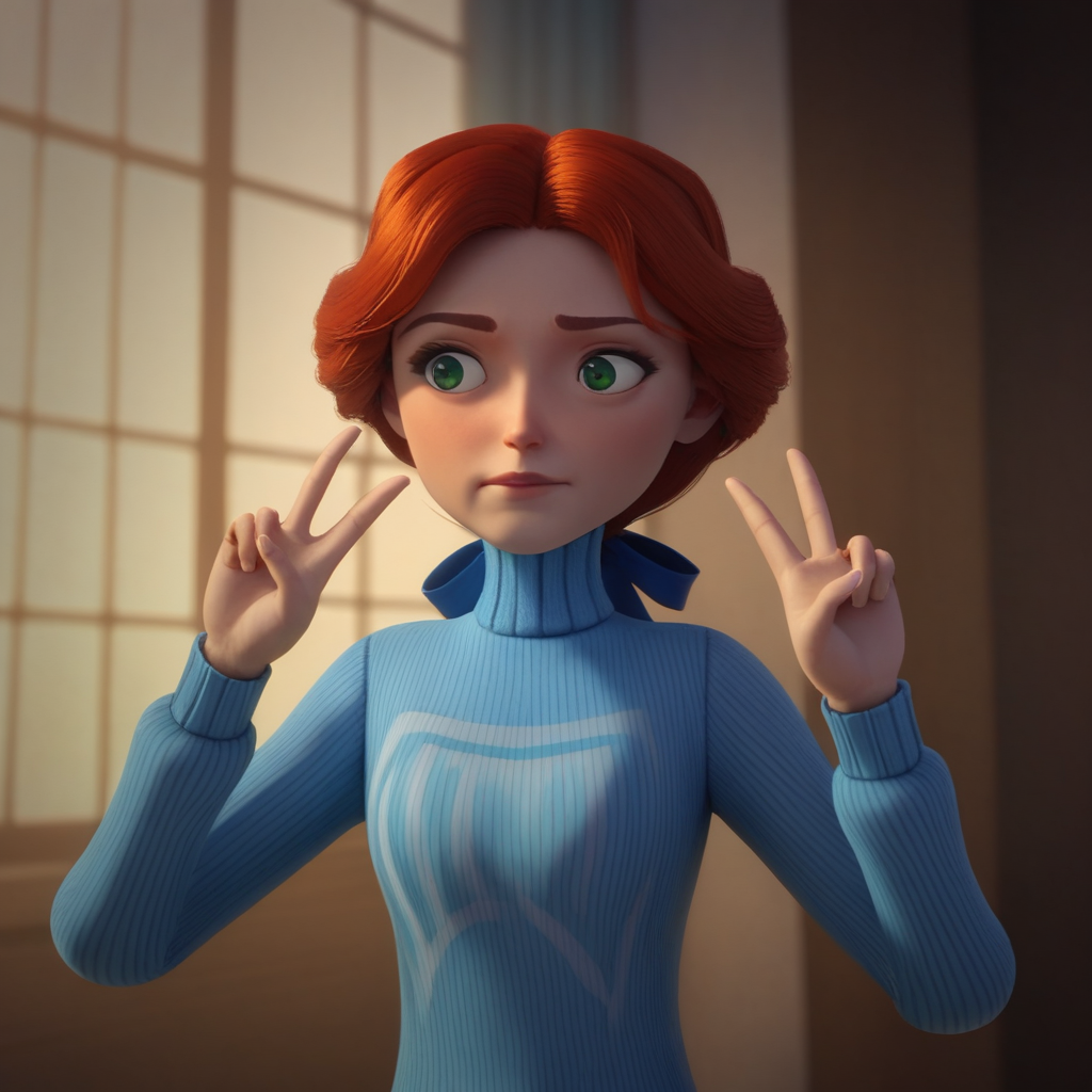 score_9_up, score_8_up, BREAK, VirginiaOtis, 1girl, solo, red hair, green eyes, blue sweater, turtleneck, cowboy shot,  <lora:VirginiaOtis_TheCantervilleGhost_PXL_Leaf2:0.8>, double v,