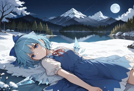score_9, score_8_up, score_7_up,source_anime,BREAK , lake, <lora:Fantasy_Lake:1>, freezing, freezing lake, ice, ambient lighting, atmospheric effects, moon, scenery, tree, BREAK, solo, cirno, 1girl, solo, wings, blue eyes, dress, bow, ice wings, blue hair, ice, blue dress, short sleeves, blue bow, short hair, hair bow, puffy sleeves, red ribbon, side face, grief, despair, sorrow, sad, lying, laying down, on back