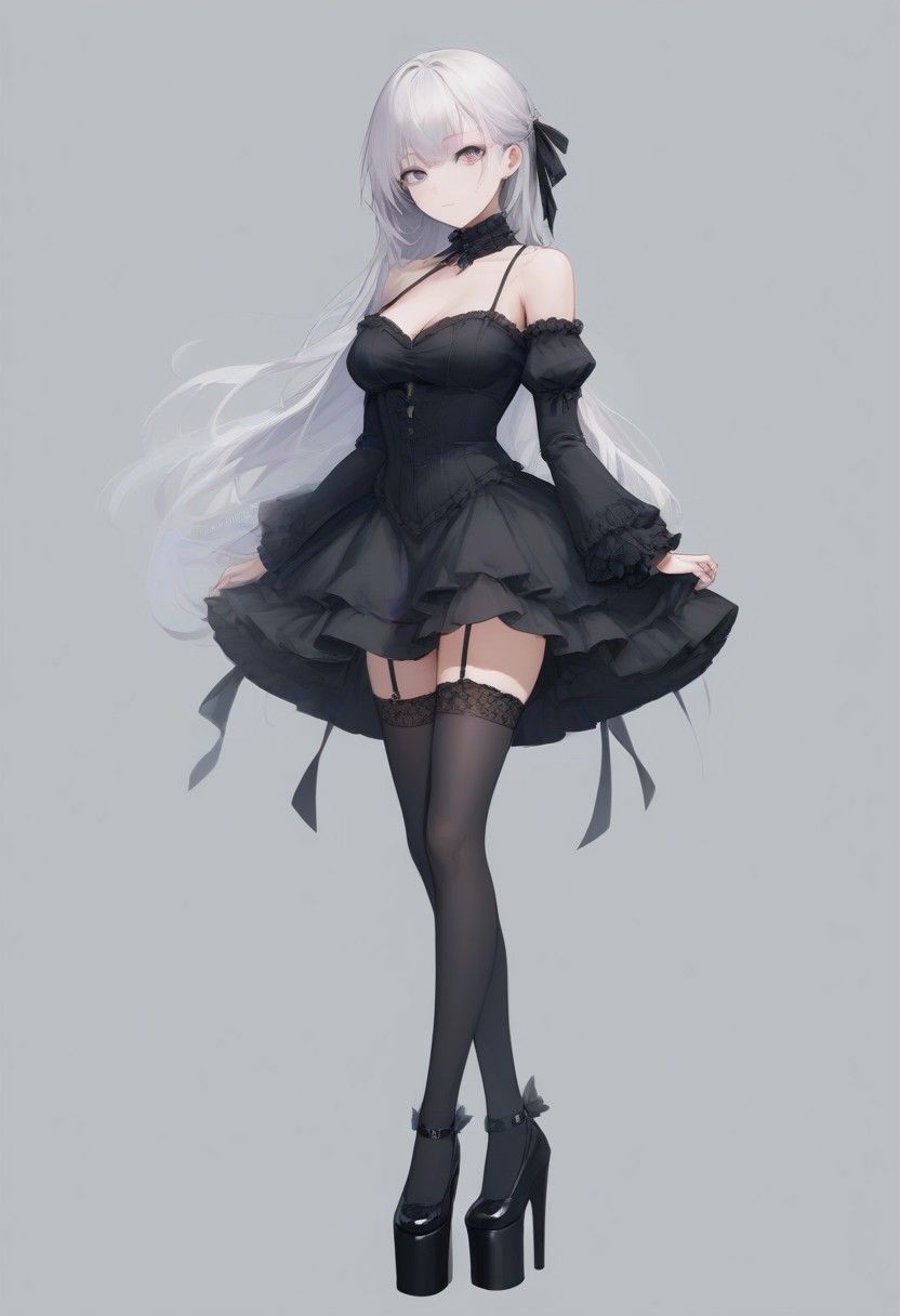 score_9, score_8_up, score_7_up, BREAK, 1 woman, grey background, simple background, wearing reij-lady, black dress, lsvr sleeves, stockings, black platform shoes,  <lora:reij-dresslady:1>