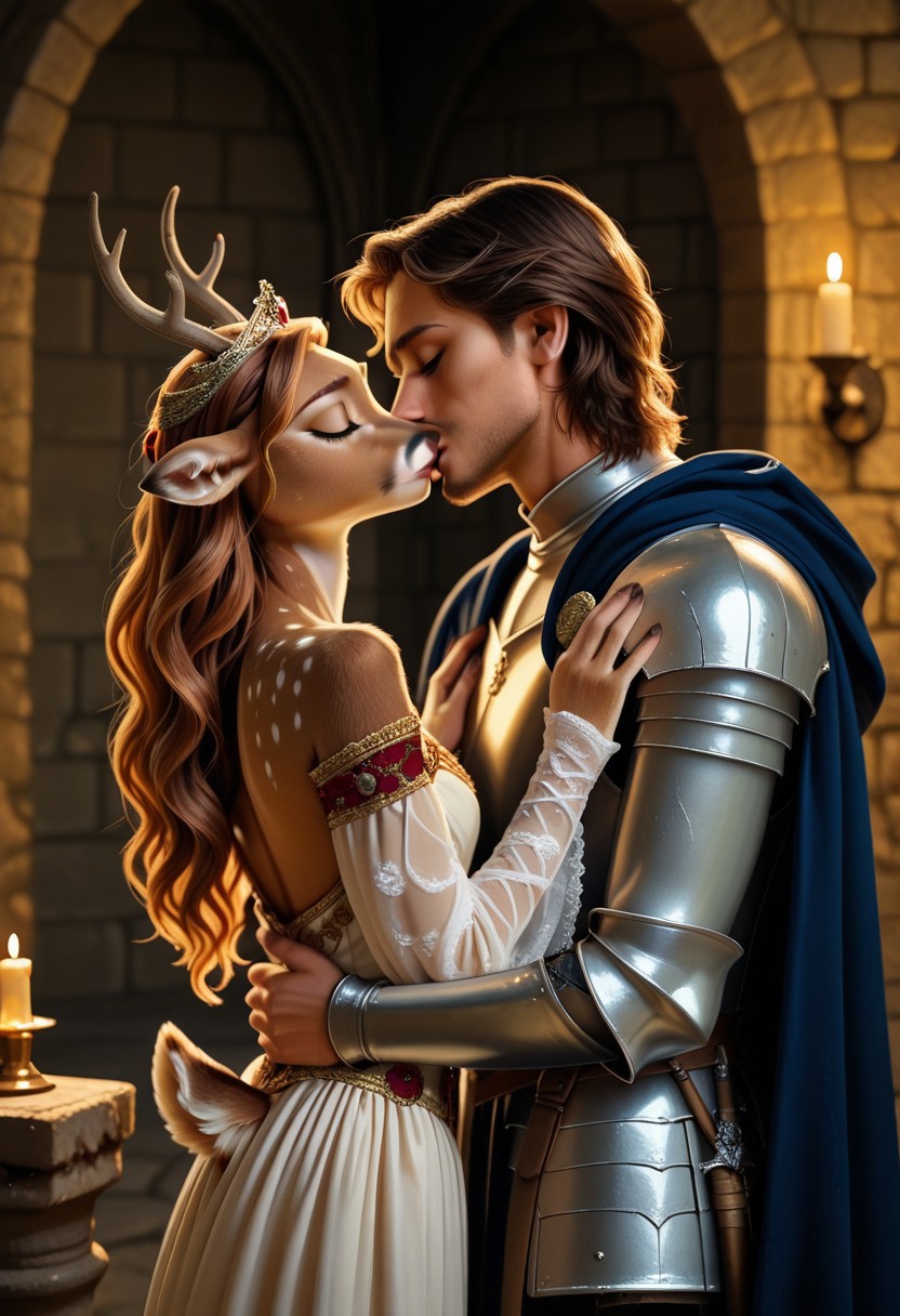 photoreal,  (1girl, fawn furry), (1man,human), anthropomorphic deer girl kissing human male, soft brown fur with white spots, large expressive doe eyes, long eyelashes, wearing an elegant medieval gown in deep red and gold, flowing fabric, golden embroidery, delicate lace sleeves, ornate jeweled tiara, long wavy hair cascading down her back, dainty cloven hooves peeking from beneath the dress, embracing a handsome human man, strong yet gentle, wearing a regal knight’s attire with a deep blue cape, silver armor reflecting candlelight, their lips touching softly, intimate and tender moment, romantic medieval castle setting, stone walls adorned with tapestries, flickering candlelight, warm golden glow, ultra detailed, cinematic lighting, fairy tale romance, noble elegance.